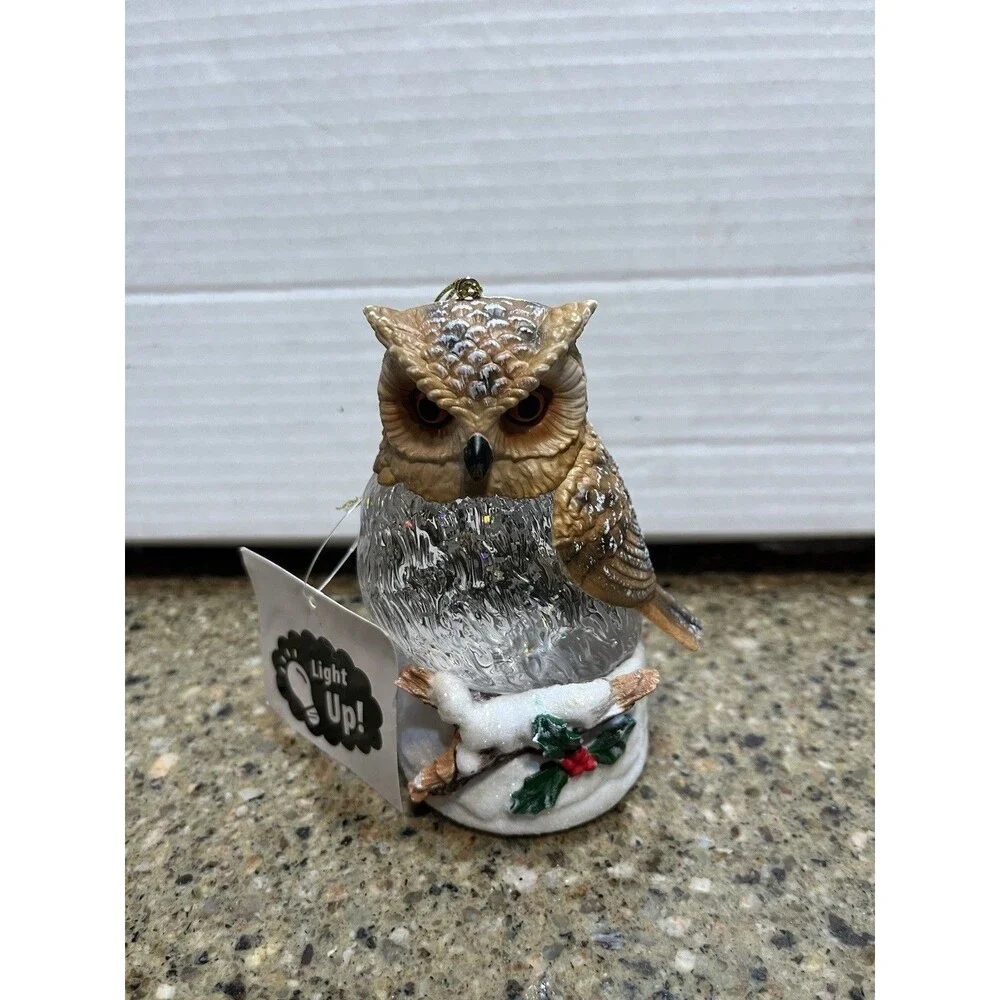OWL GLITTER GLOBE Christmas Tree Ornaments  Lights Up